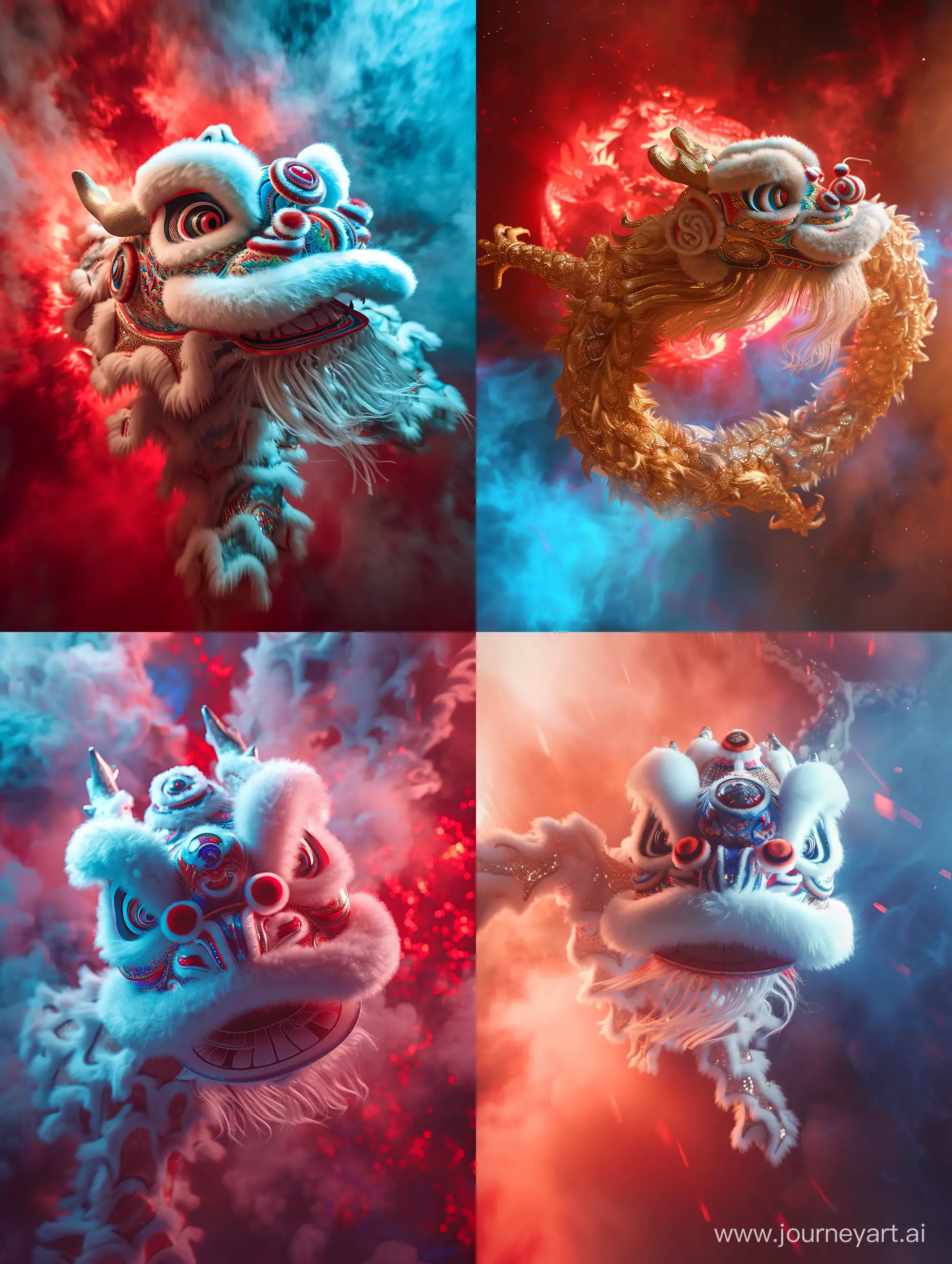 ultra realistic. chinese new year dragon dance. the dragon is jumping. view from above. there is a red and blue light behind.