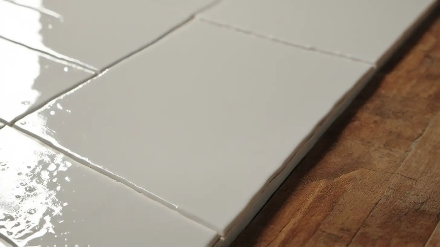 white tile floor on wood corner close up