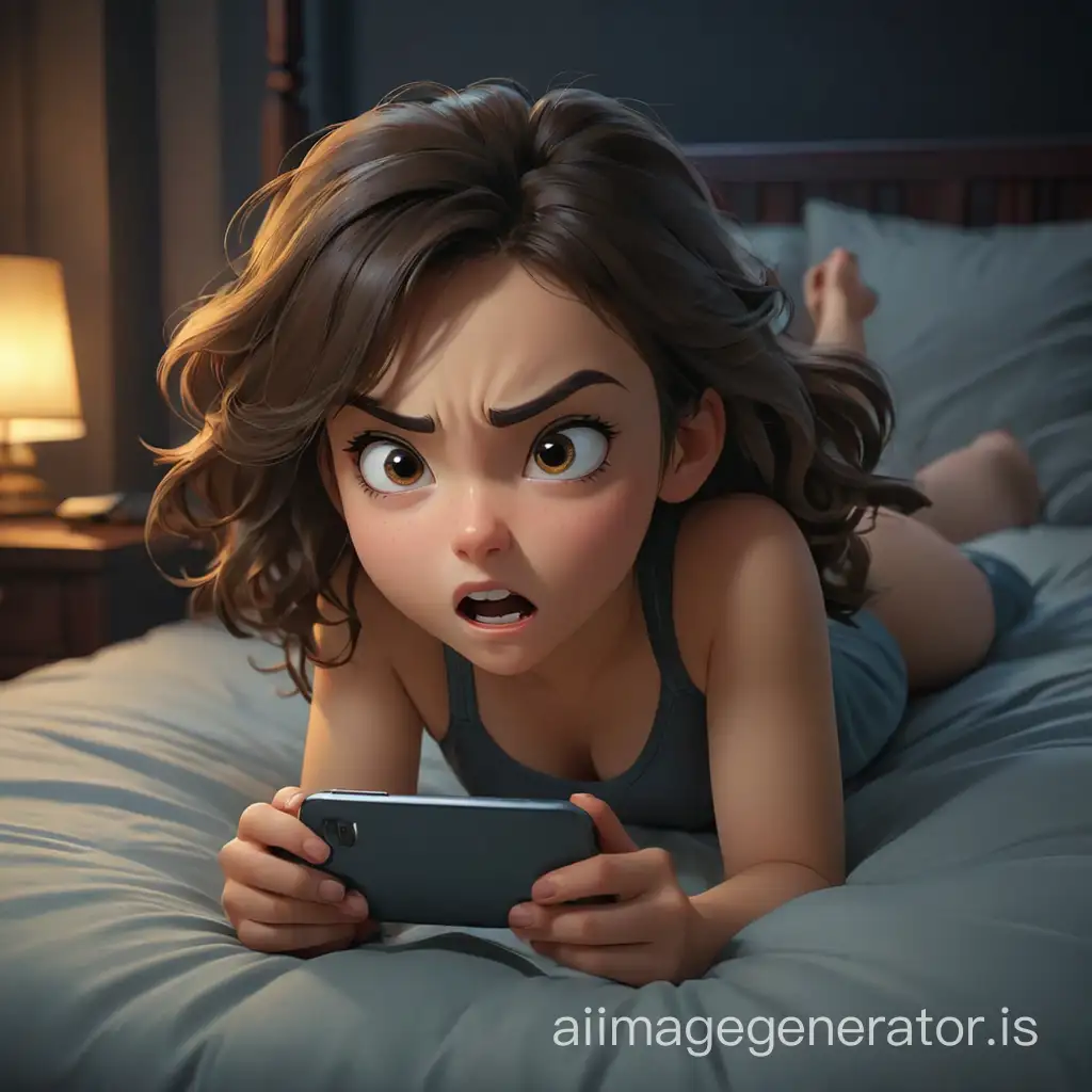 Cute girl lying on his stomach on the bed and watching a smartphone, an evil angry arrogant face, trending on cgsociety, top view from the back, in total darkness, glowing screen illuminates only,, minimum of underwear, late evening, professional photography style