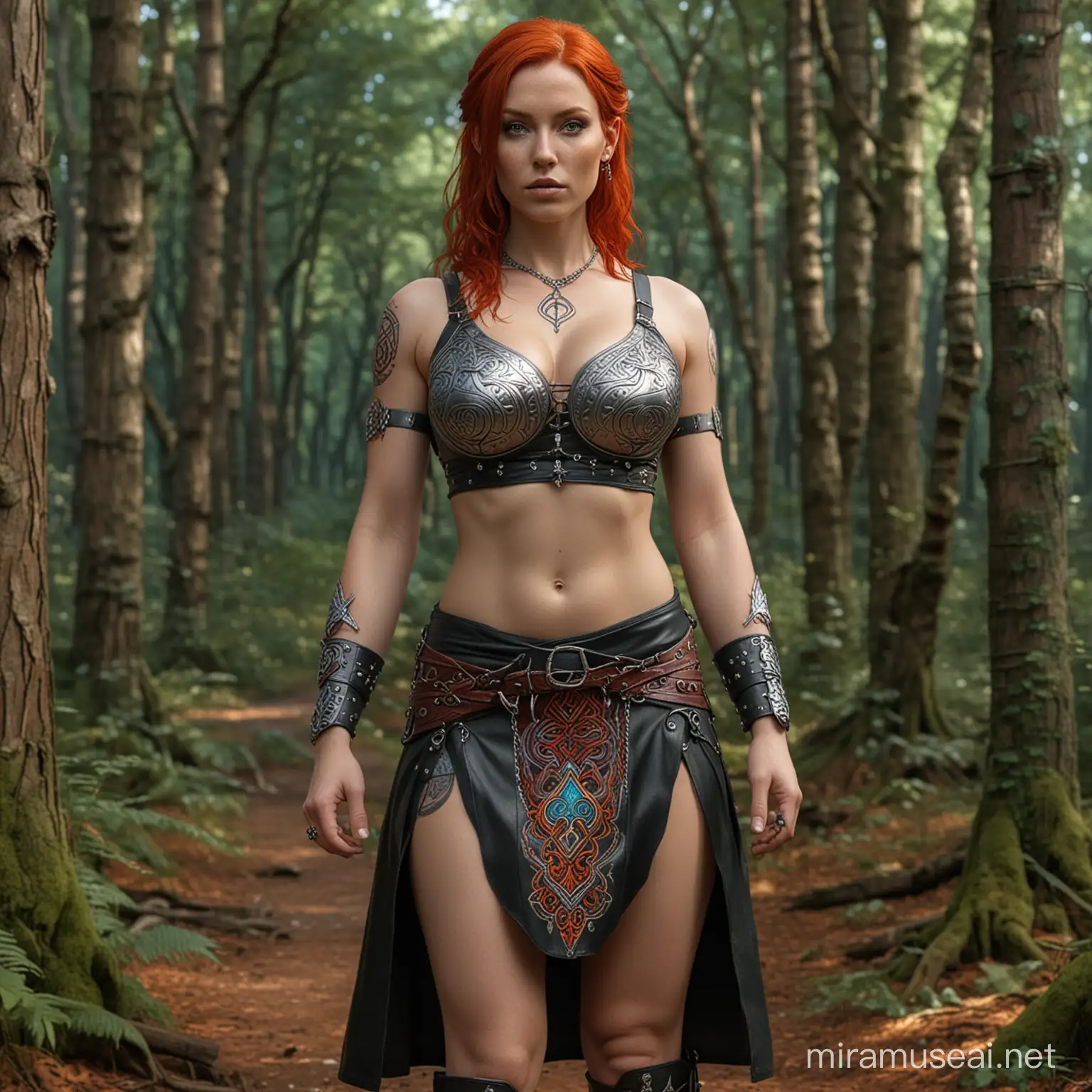 hyperrealistic extreme detail full body long shot showing an anatomically correct female human with large breasts, with fiery red hair decorated with silver, colourful draconic symbols carved into arms and body, wearing a minimal sleeveless open front leather top that is engraved with colourful celtic runes. wearing a short loose skirt engraved with colourful elven symbols. in a forest