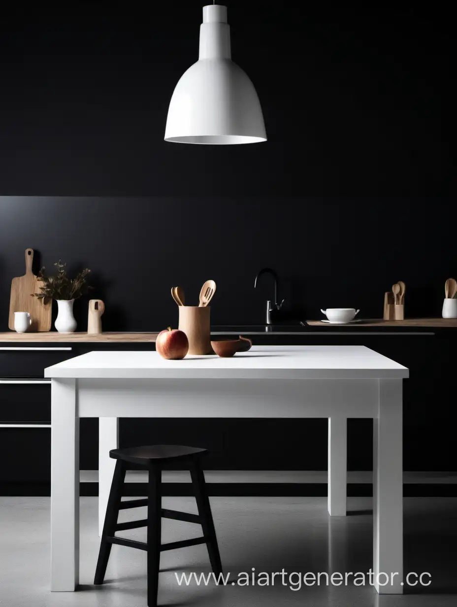 белый стол спереди, сзади темный фон кухни