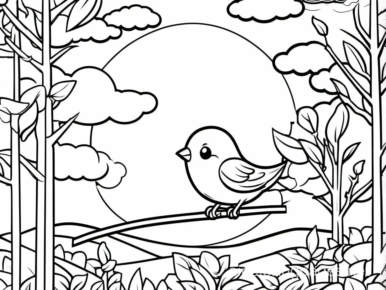 summer activity with cute small bird in the tree, cloud more and more summer vibe sun cloud and many sky, Coloring Page, black and white, line art, white background, Simplicity, Ample White Space. The background of the coloring page is plain white to make it easy for young children to color within the lines. The outlines of all the subjects are easy to distinguish, making it simple for kids to color without too much difficulty