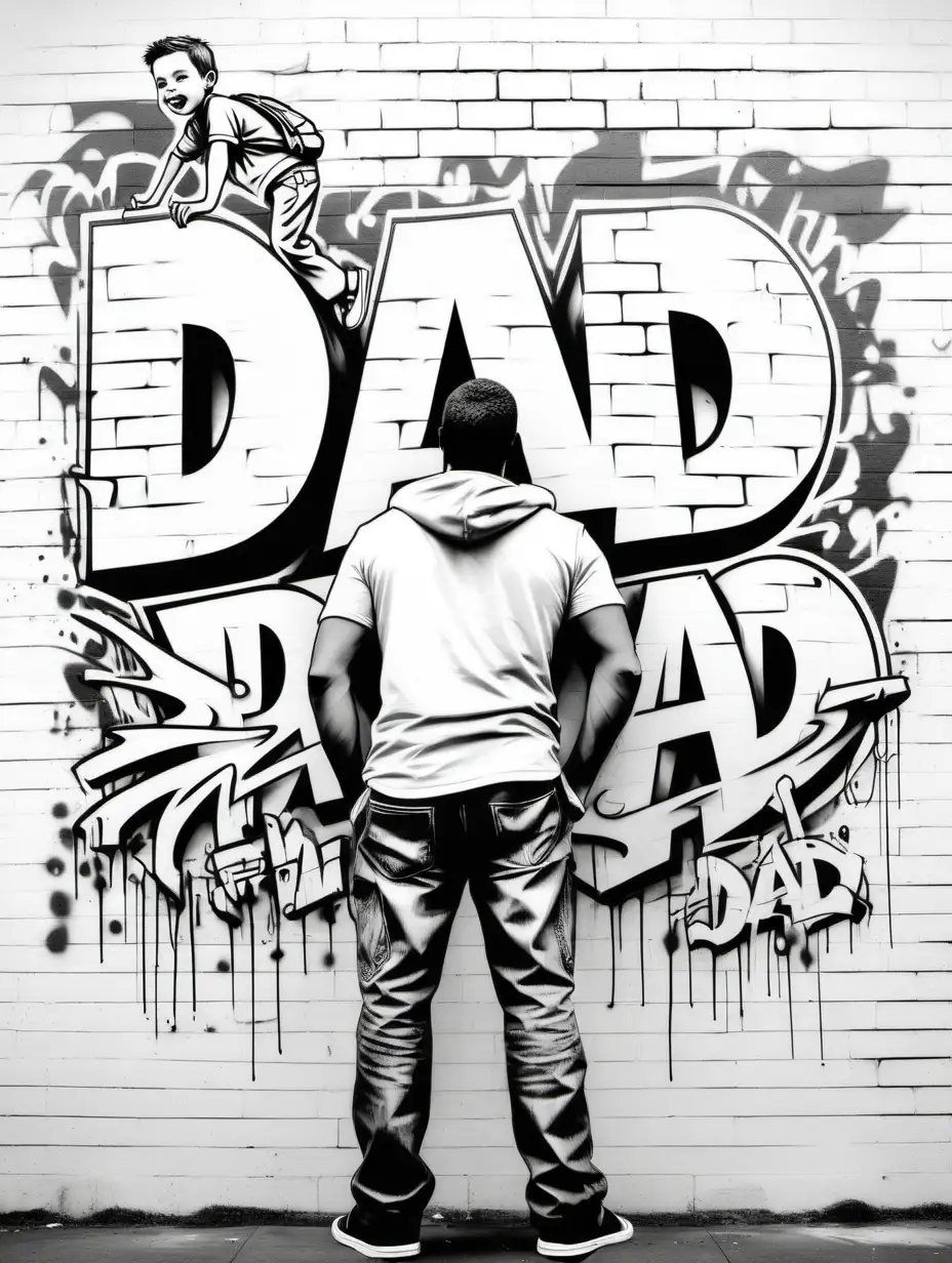 Create a graffiti colouring page, all white , black outline, no colour, graffiti art, with the word dad, with a man carrying a child on his shoulders behind DAD, on a wall, no shading, low detail, white background , colouring page, graffiti art style