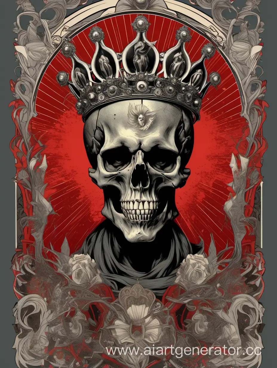 crazy skull wearing a explosive crown, alphonse mucha poster, hiperdetailed, black,gray, red