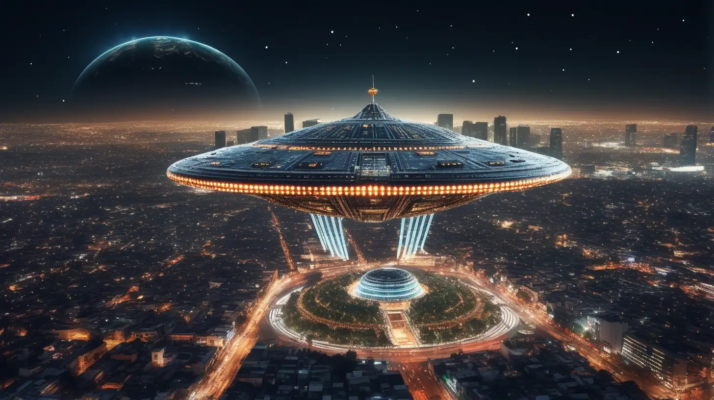 ultra-realistic high resolution and highly detailed photo with depth-perception of mexico city with an enormous space ship full of lights hovering above the city