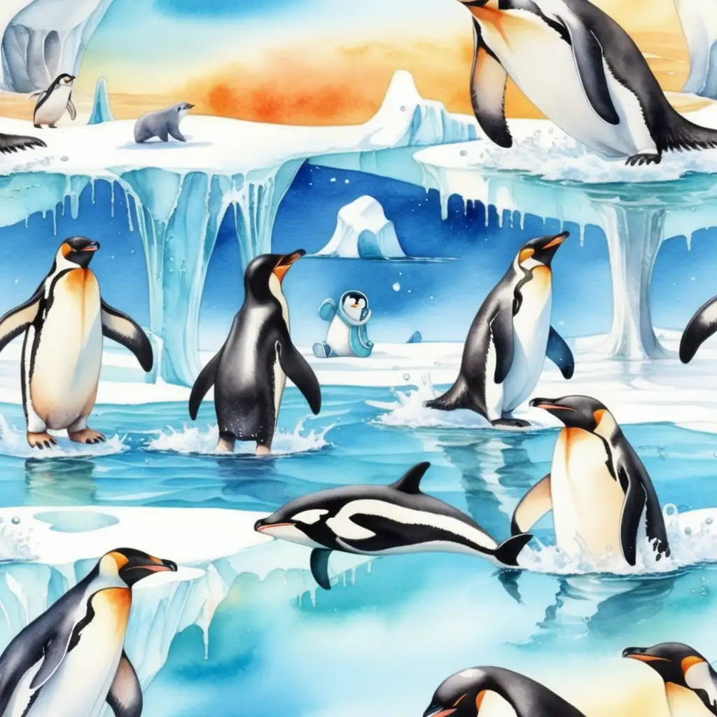 pingviner som simmar o leker med späckhuggare o isbjörnar  en solig dag i vattenfärg





