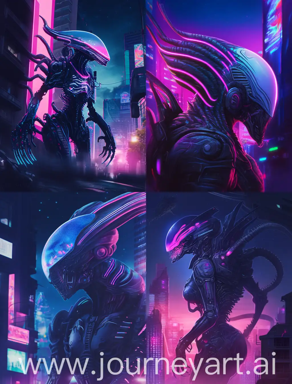Xenomorph, cyborg, darkness, realistic, high detailed, cyberpunk concept, with subtle pink and blue gradients, futuristic, Moonlight enveloping attire tech-punk mech-punk cityscape.