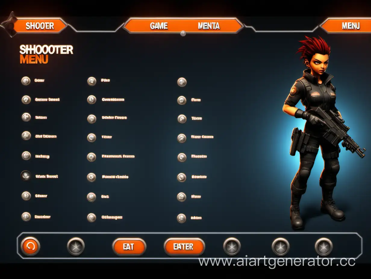 Interactive Shooter Game Menu with Character Model and Settings Buttons ...