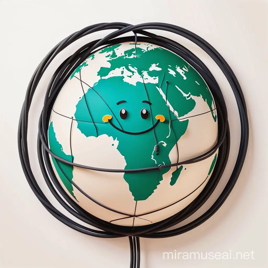 Paper Earth Caricature Logo with Smiley Faces and Interconnected Cables