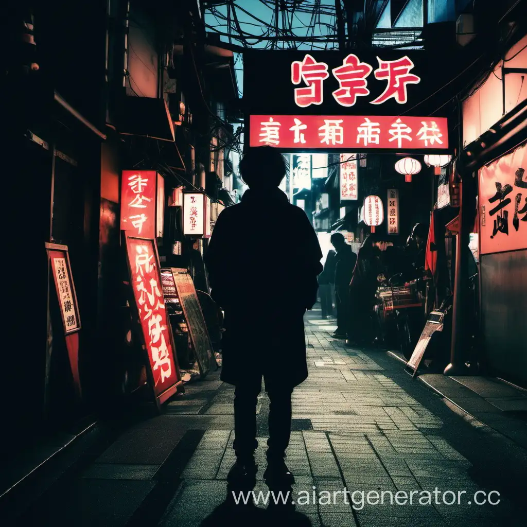 Парень, но видно только силуэт, а на фоне очень атмосферная японская улица, освещенная неоновыми вывесками.