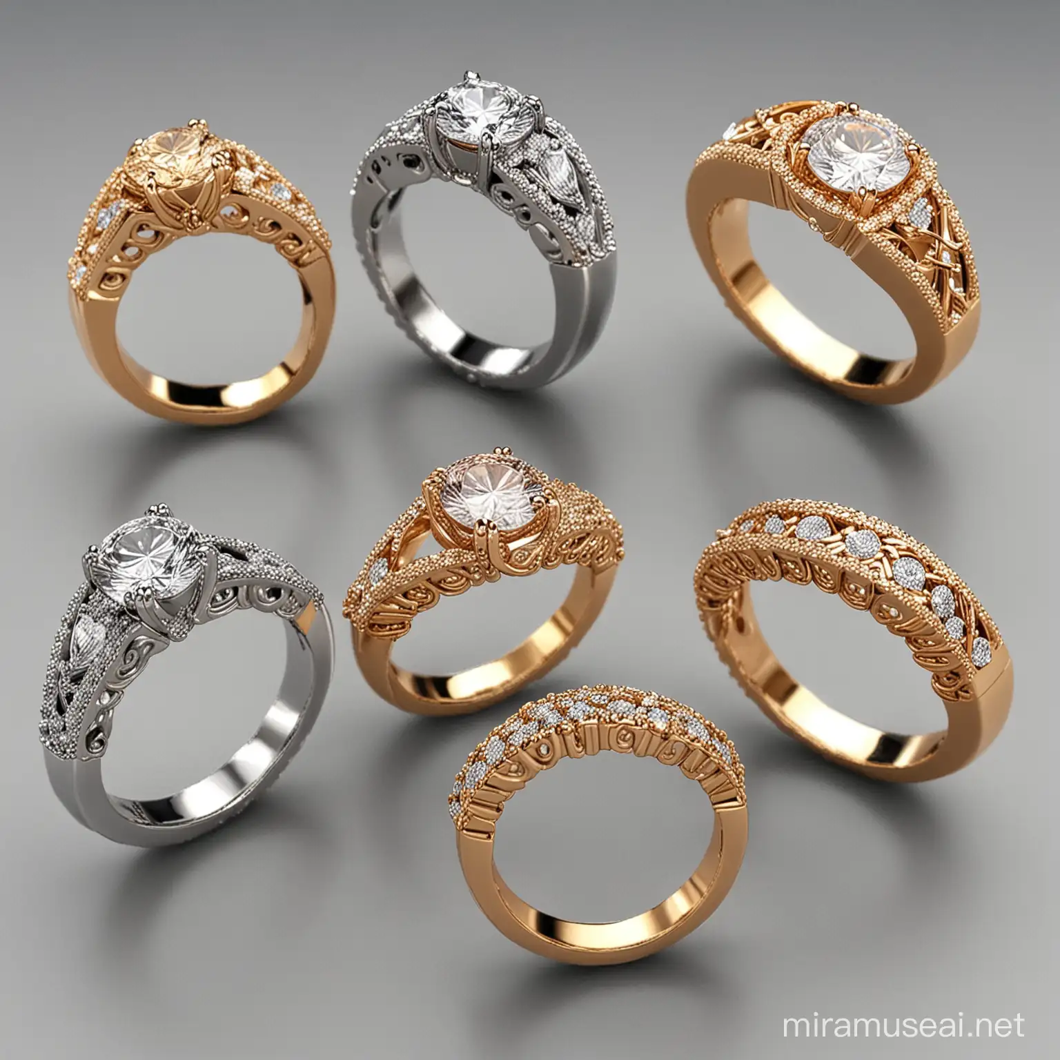 create  5 premium different ring designs for women . Make each ring unique and appealing 