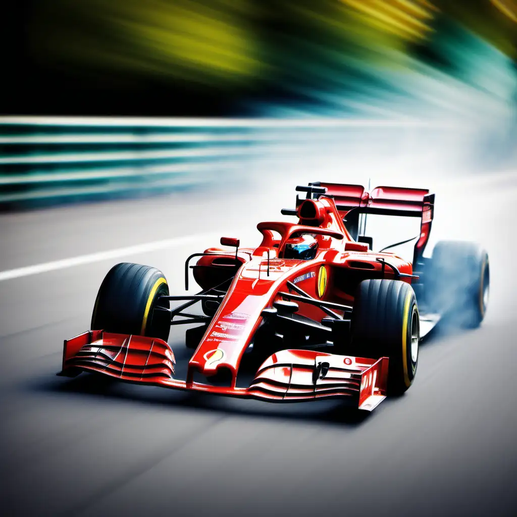 Crea un'immagine di una Formula 1 vista di tre quarti posteriore con effetto mosso per simulare la velocità