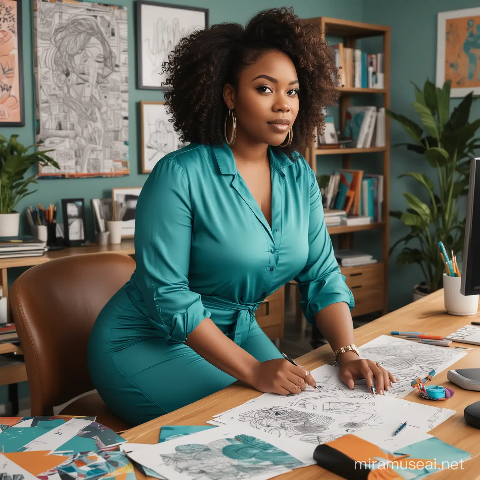 Empowering Shirt Graphics Design Curvy African American Woman in Teal Jumpsuit at Home Office