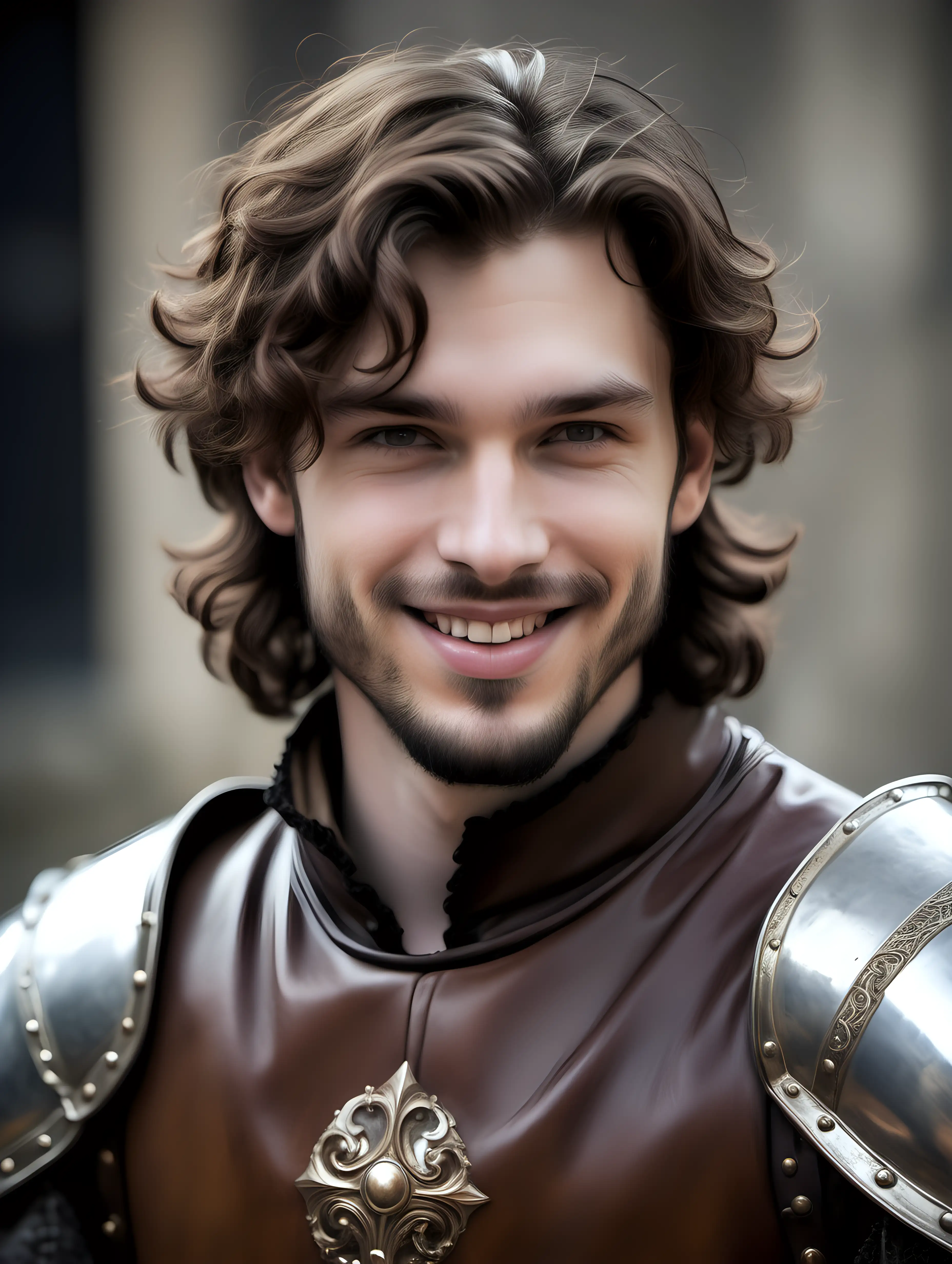 Smiling Handsome Prince in Medieval Leathers with Wavy Brown Hair