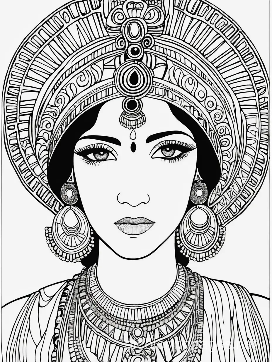 Klimt, beautiful East Indian woman, Art Deco, Coloring Page, black and white, line art, white background, Simplicity, Ample White Space. The background of the coloring page is plain white to make it easy for young children to color within the lines. The outlines of all the subjects are easy to distinguish, making it simple for kids to color without too much difficulty