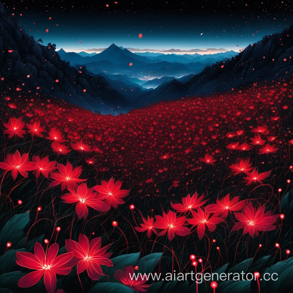 Crimson-Flowers-on-MultiLevel-Mountain-Ranges-with-Fireflies-Flight