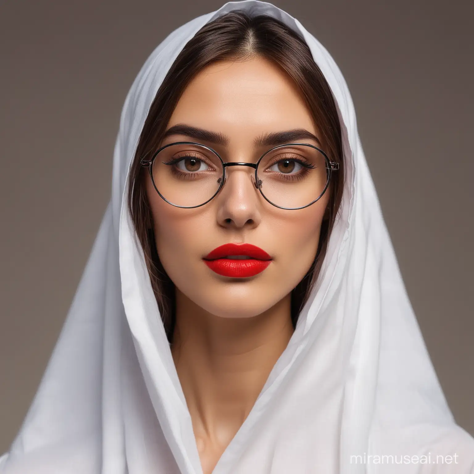 A woman,chador, brown long hair, big wyes, tall forehead, red lips, wearing glasses, slender mandible, thin and skinny