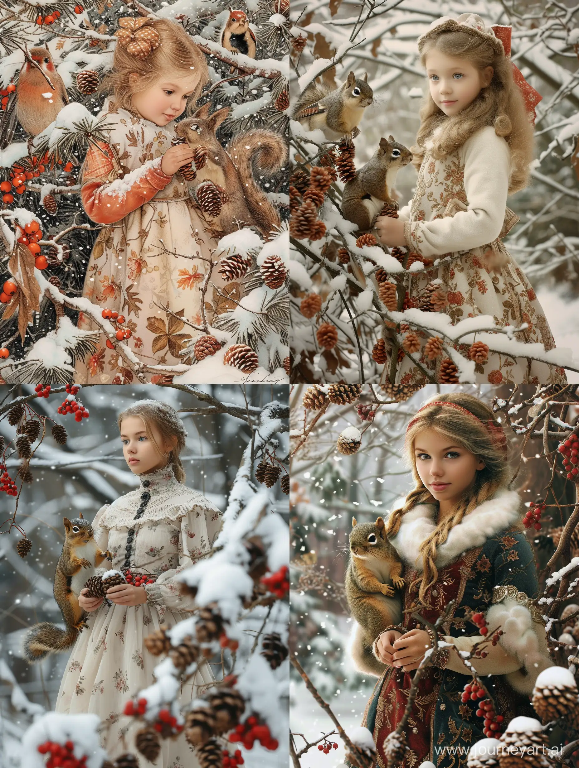 Charming-Winter-Scene-with-a-Girl-in-a-Festive-Dress-Surrounded-by-Snow-Bullfinches-Rowan-and-Squirrel