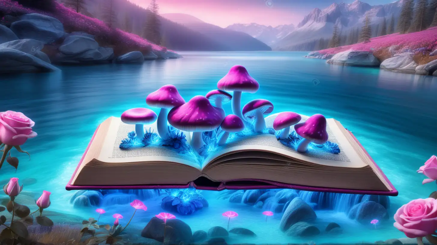 fairytale magical book that has blue mushrooms growing out of it glowing blue mushrooms and pink roses in a glowing bright blue river in the mountains by ocean cliffs with a 