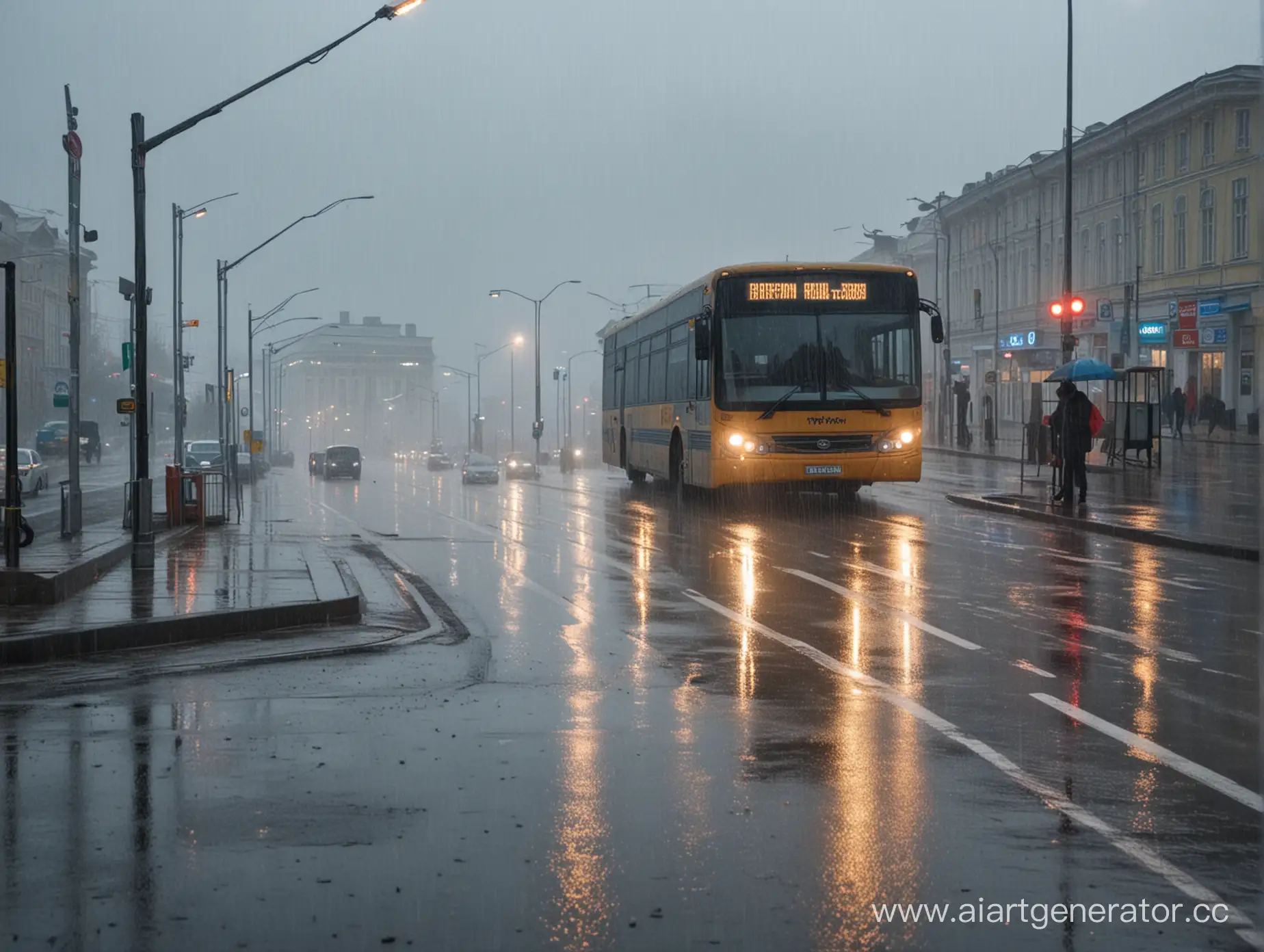 Rainy-Day-in-a-Russian-City-Bus-Approaching-Stop