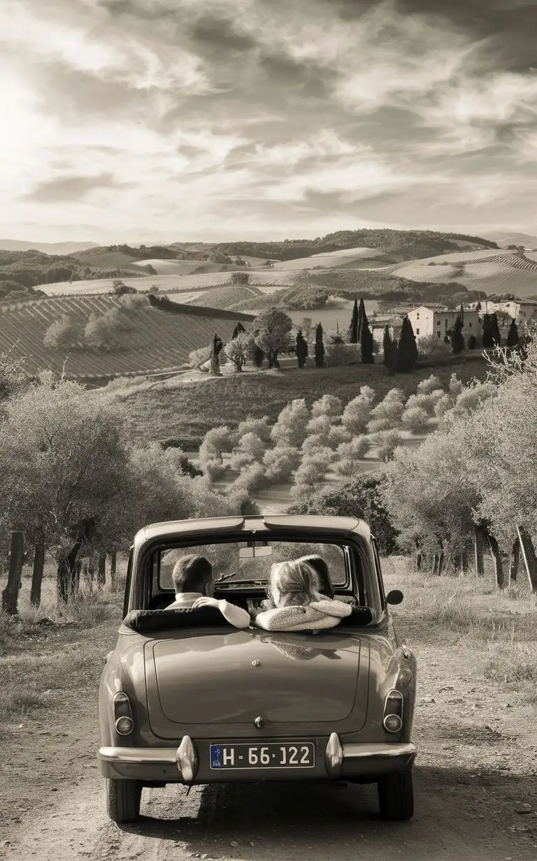 family taking a road trip to Tuscany countryside, black and white image