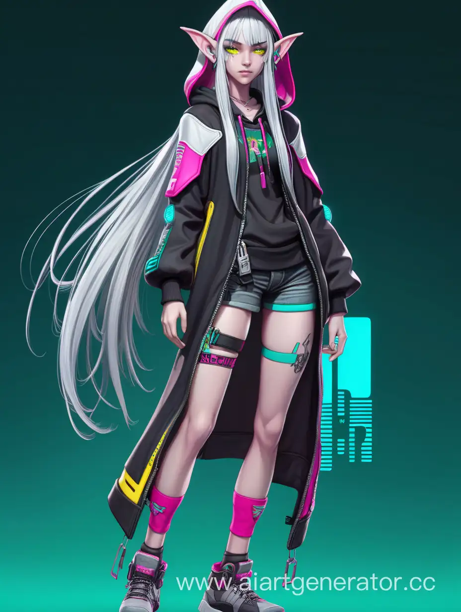 Cyberpunk-Anime-Elf-Girl-Hooded-Long-White-Hair-Black-and-Gray-Outfit-with-Yellow-and-Turquoise-Accents
