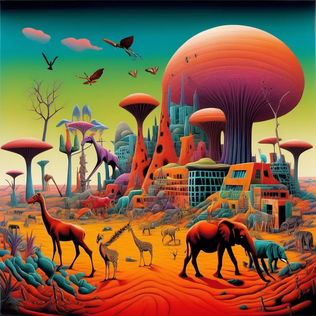 a surrealist landscape; vibrant colors; strange structures; animals; safari; danger