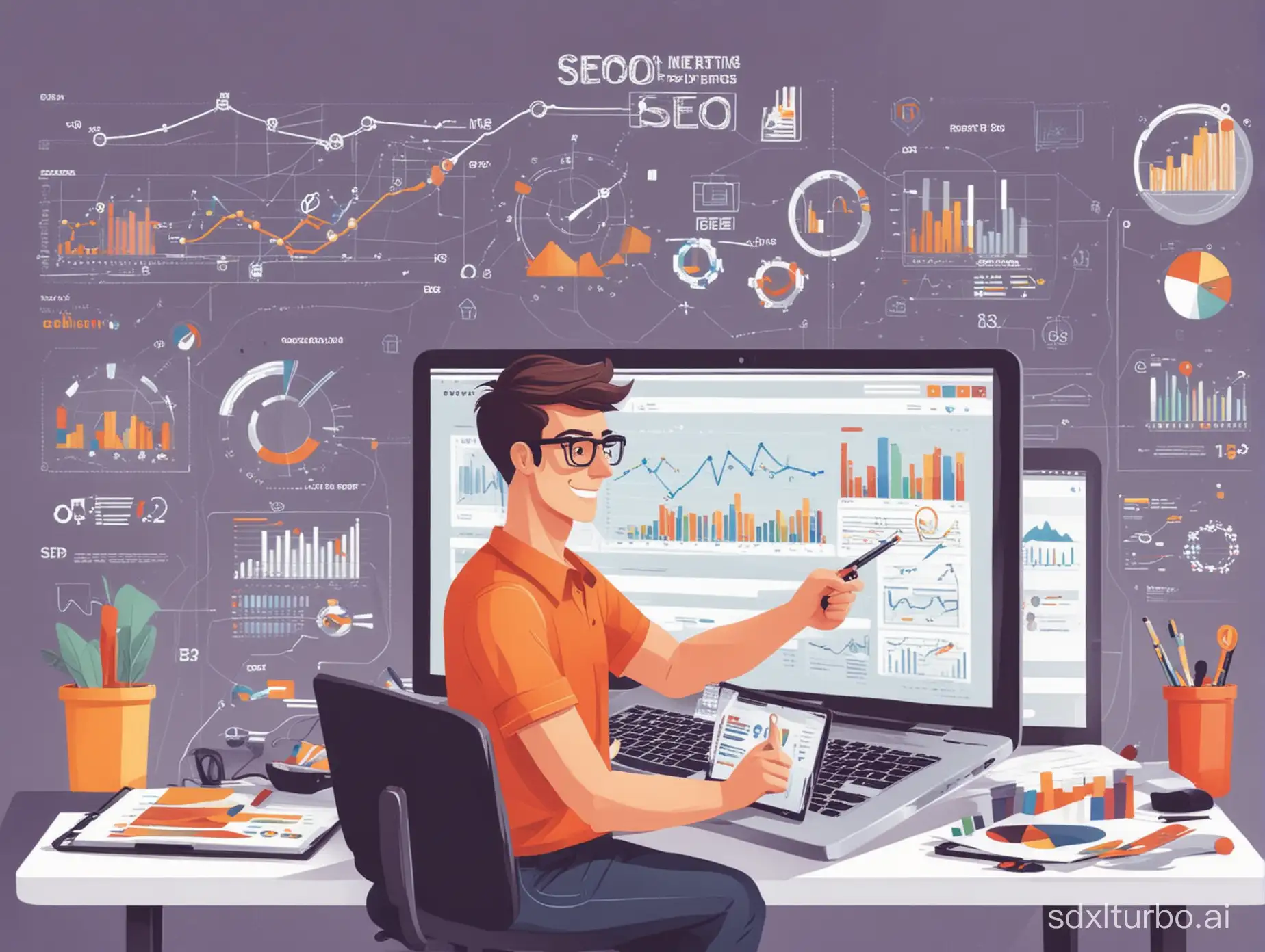 A digital marketing specialist working on SEO strategy, optimizing website on laptop, search engine ranking charts and graphs in background, trending flat illustration, vector art