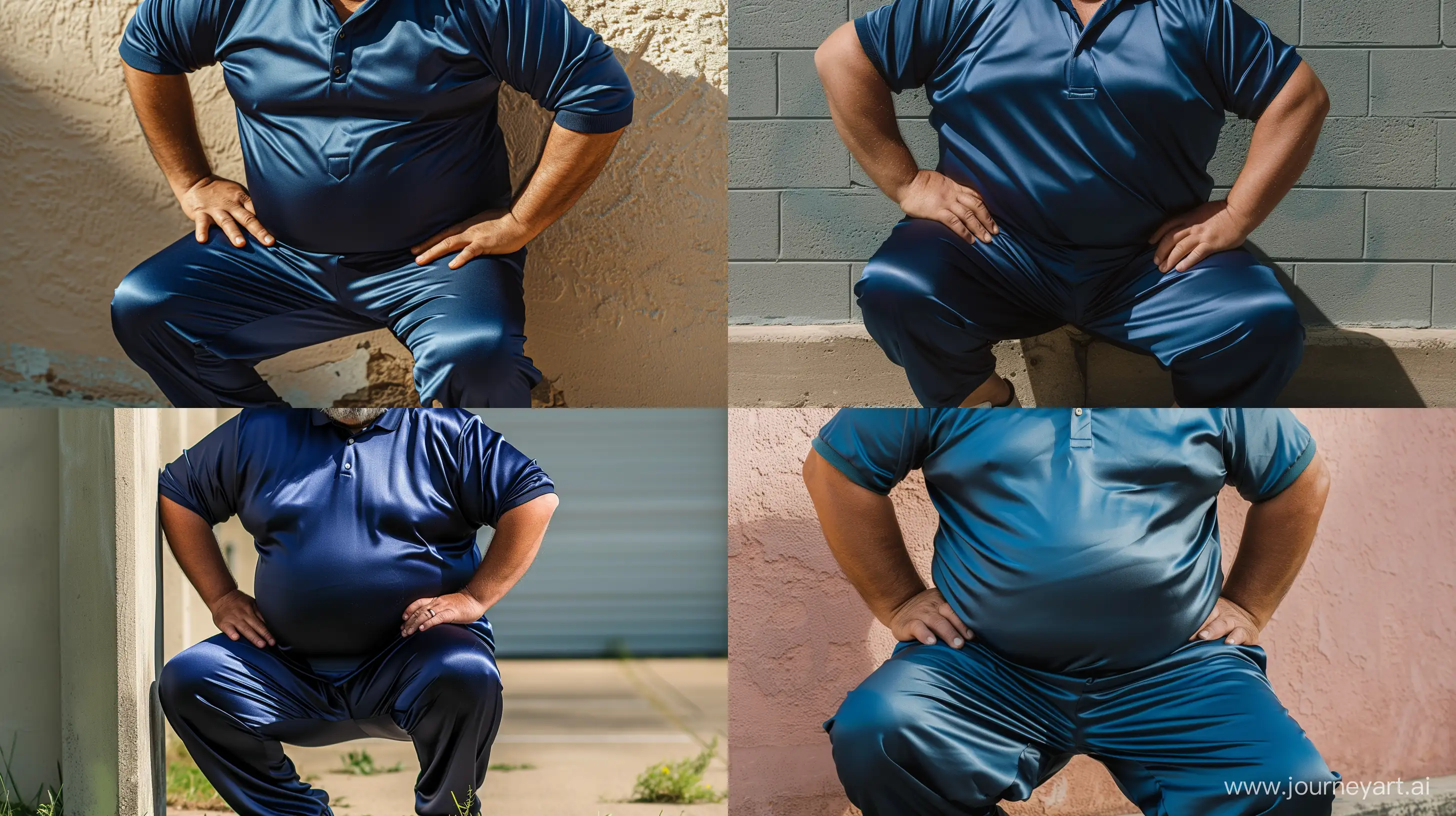 Front view close-up photo of a fat man aged 60 wearing a silk royal blue tight tracksuit pants and a tucked in tight sport silk polo shirt. Kneeling against a wall. Hands on hips. Outside. --style raw --ar 16:9