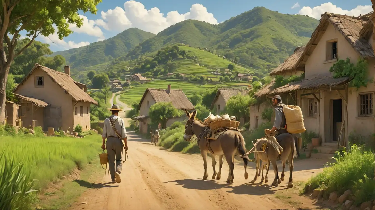 Rural Village Scene Man and Donkey Transporting Goods on Sunny Day