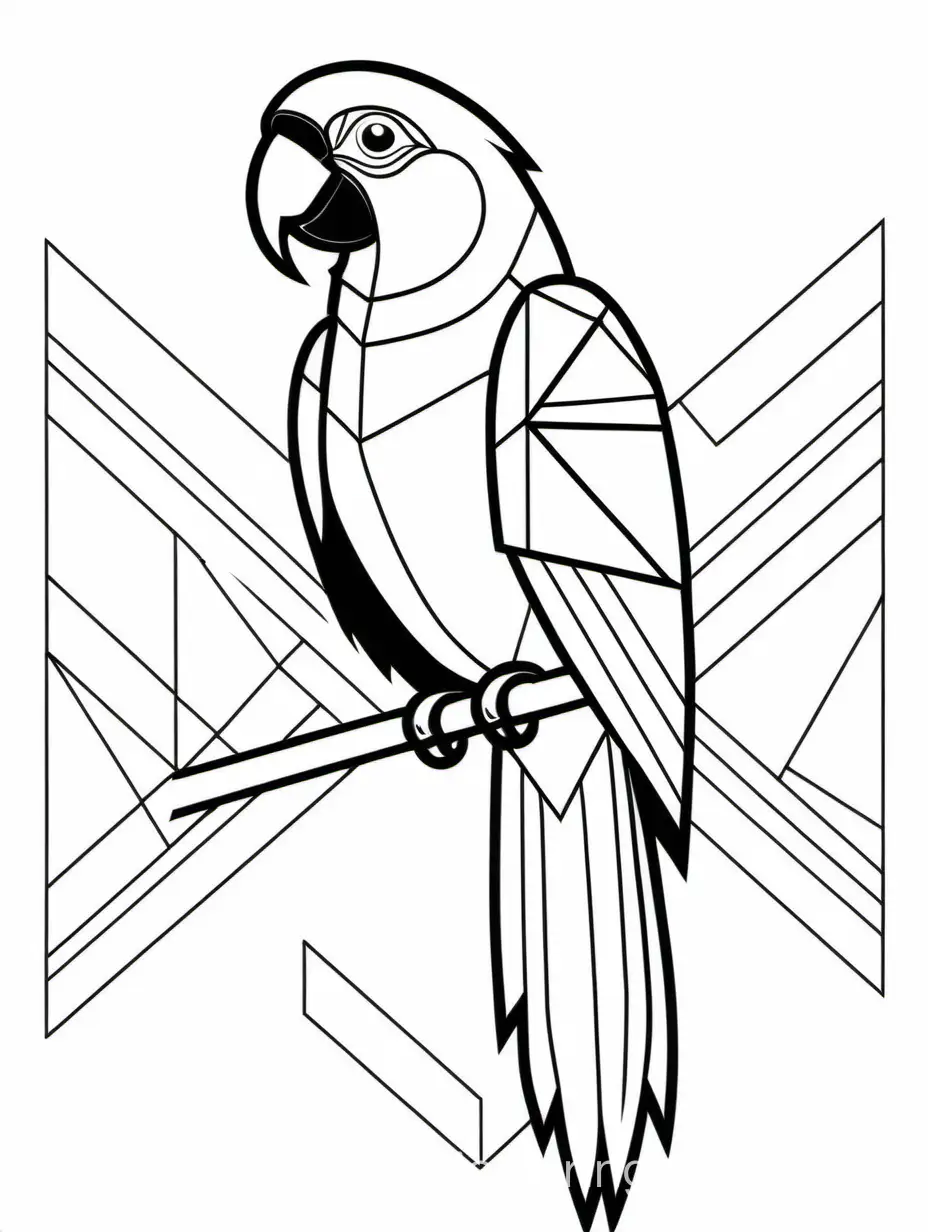 Macaw bird in geometrical shapes, black and white, Coloring Page, black and white, line art, white background, Simplicity, Ample White Space. The background of the coloring page is plain white to make it easy for young children to color within the lines. The outlines of all the subjects are easy to distinguish, making it simple for kids to color without too much difficulty
