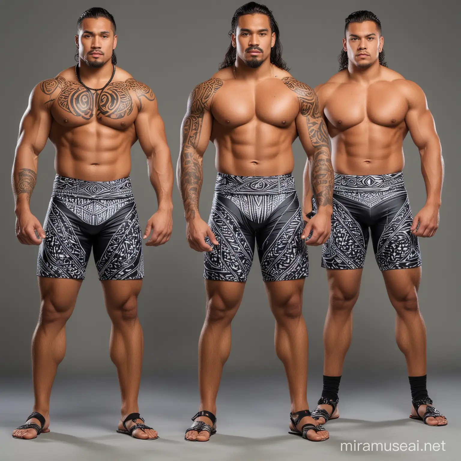 Design me a male Samoan Polynesian pro wrestling attire