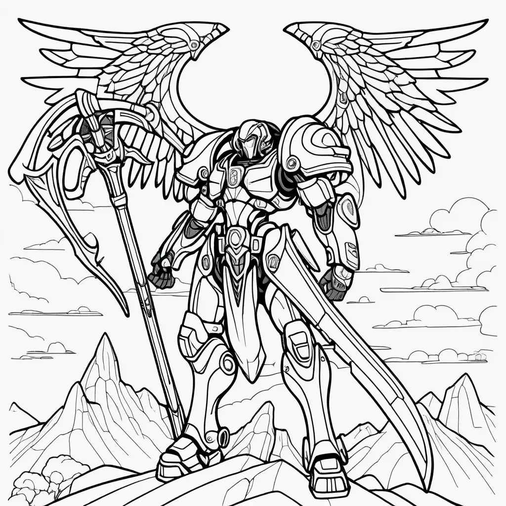 mech angel warrior with giant scythe and wings coloring book style, thick lines, no shading, flying with the sky in background