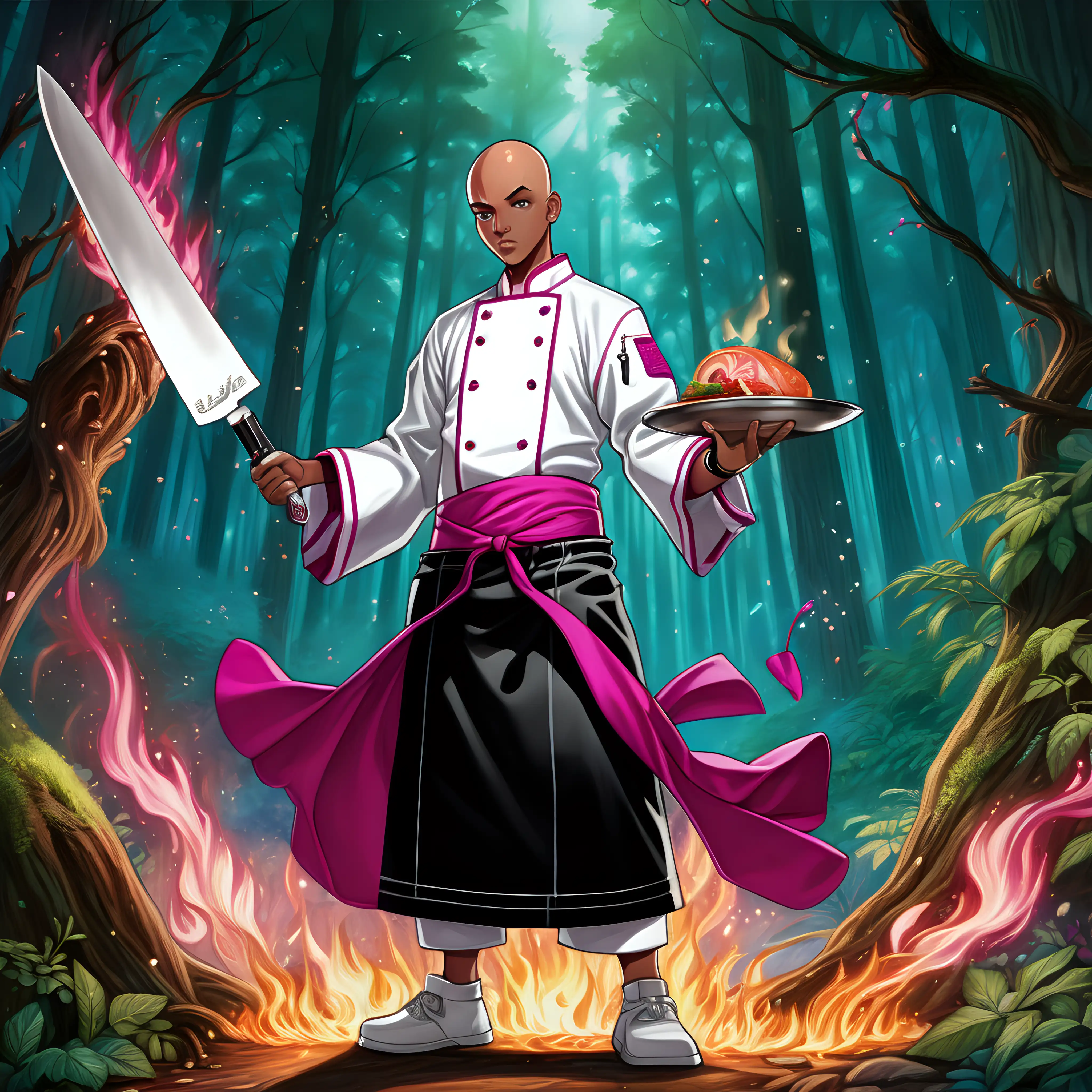 Magical Forest Chef Young Bald Black Man in Manhwa Art Style Cooking with Magic