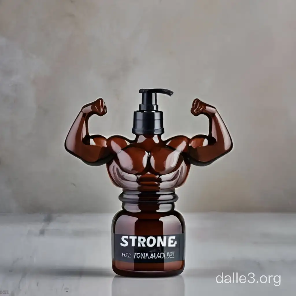 a bottle for mens body wash. The bottle is shapped like a muscular body builder. With the words printed at the bottom of the bottle "Strong" and "Mens Body Wash"