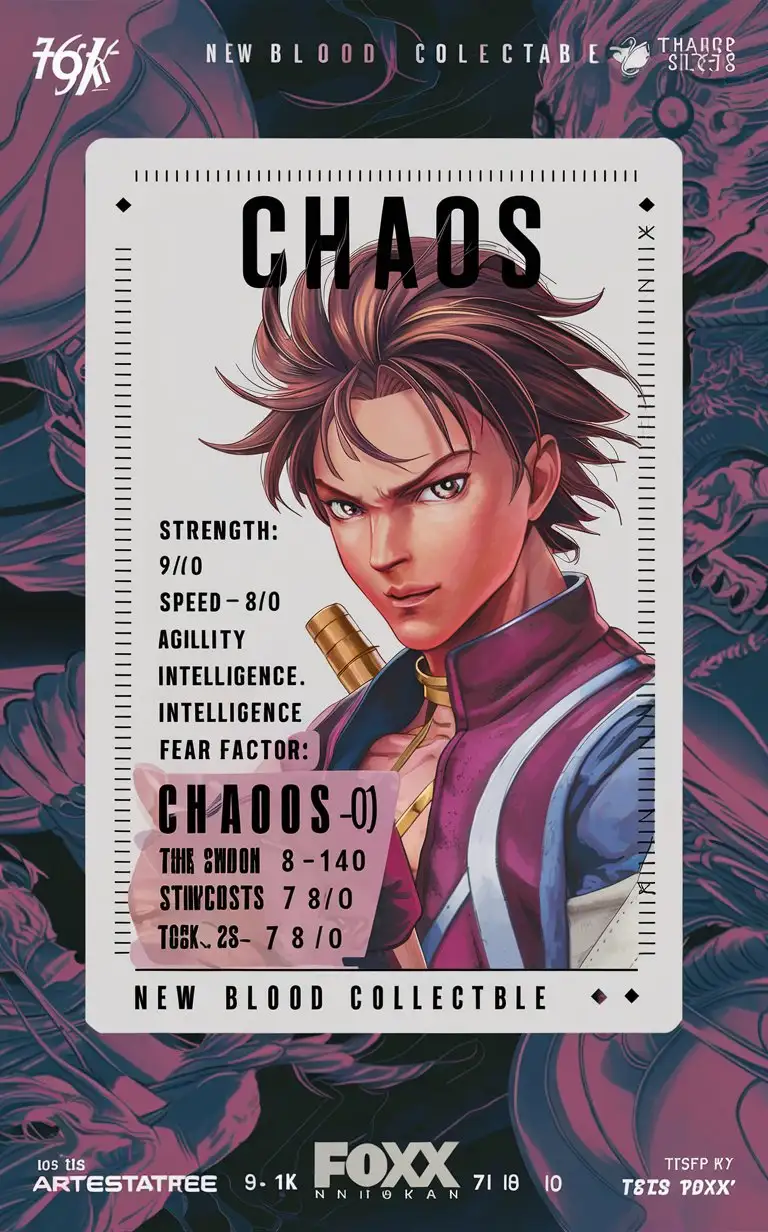 plain border add bold text""New Blood Collectable"" complex "Chaos" card include name "Chaos" manga card include stats"Strength: 9/10""Speed: 8/10""Agility: 7/10""Intelligence: 7/10""Fear Factor: 9/10" premium 14PT card stock authenticated breathtaking 8k 16k visuals --chaos 90 --testpfx REWORKS 5 0. 1 7 0. 1 FOX network; 9 0 s stock; trending on artstation; hyperrealism