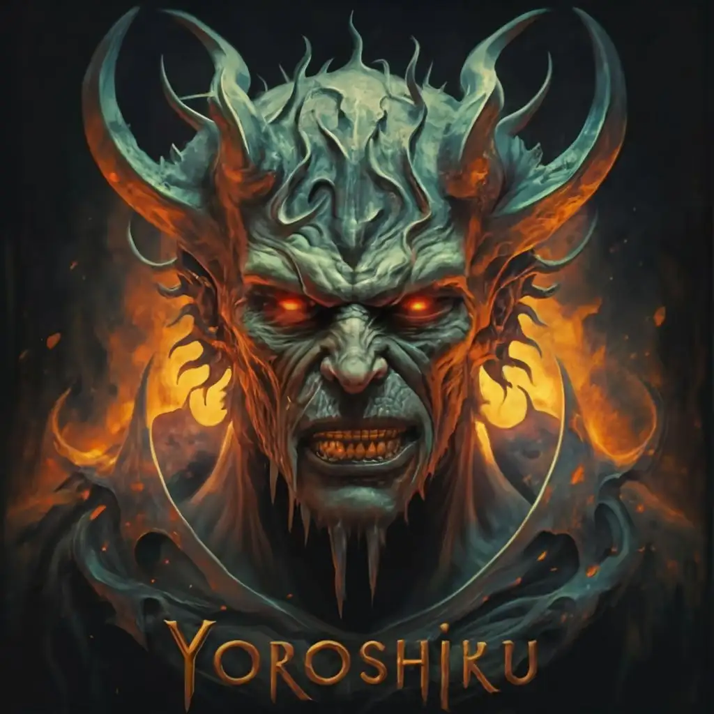 logo, An evil fiend, glowing eyes, malevolent, majestic, dark portrait, warm light by Boris Vallejo with text "YOROSHIKU", with the text ""YOROSHIKU"", typography, be used in Entertainment industry