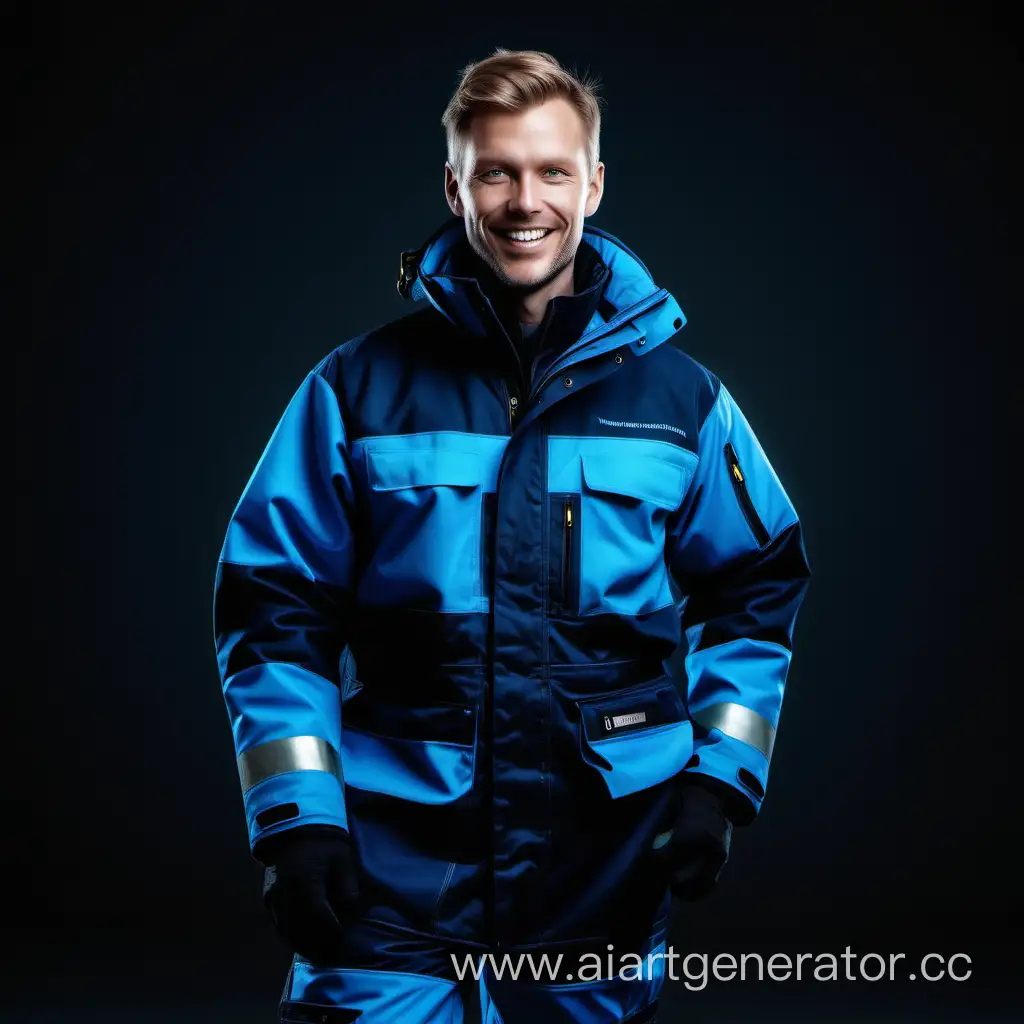 beautiful very insulated HQ workwear, nordic man, smile, black and blue, 8k, front view, full-length, dramatic light