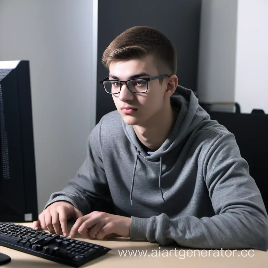 the student 22 yearl old is sitting at the computer,looking in computer, the overall frame

