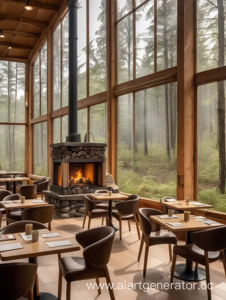 book cafe, fireplace, large windows, forest view outside, a few tables and chairs, a calming atmosphere