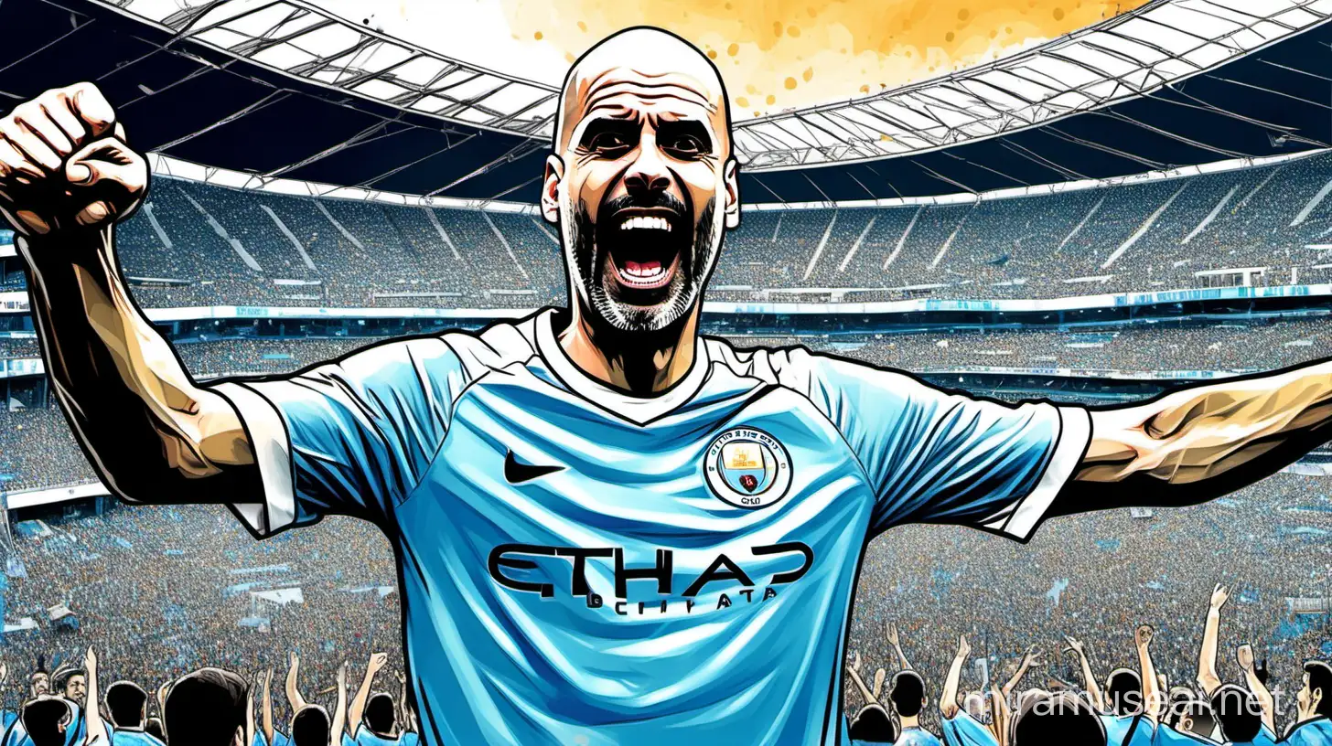 comic book painting of happy pep guardiola holding big champion league trophy, wearing manchester city shirt, stadium in background with manchestr city colors in background, cinematic look, detailed, high quality