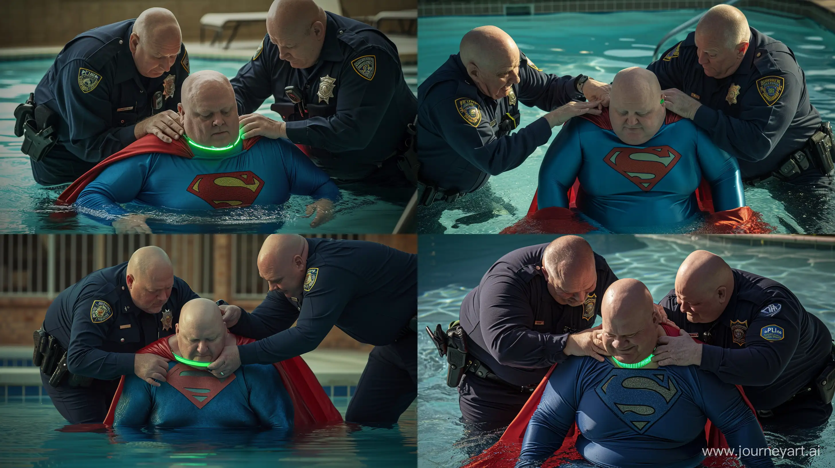A closeup photo of two chubby man aged 60 wearing a long-sleeved navy police uniform, bending behind and tightening a green glowing small short dog collar on the nape of another chubby man aged 60 sitting in the water and wearing a tight blue silky superman costume with a large red cape. Swimming Pool. Natural Light. Bald. Clean Shaven. --style raw --ar 16:9 --v 6