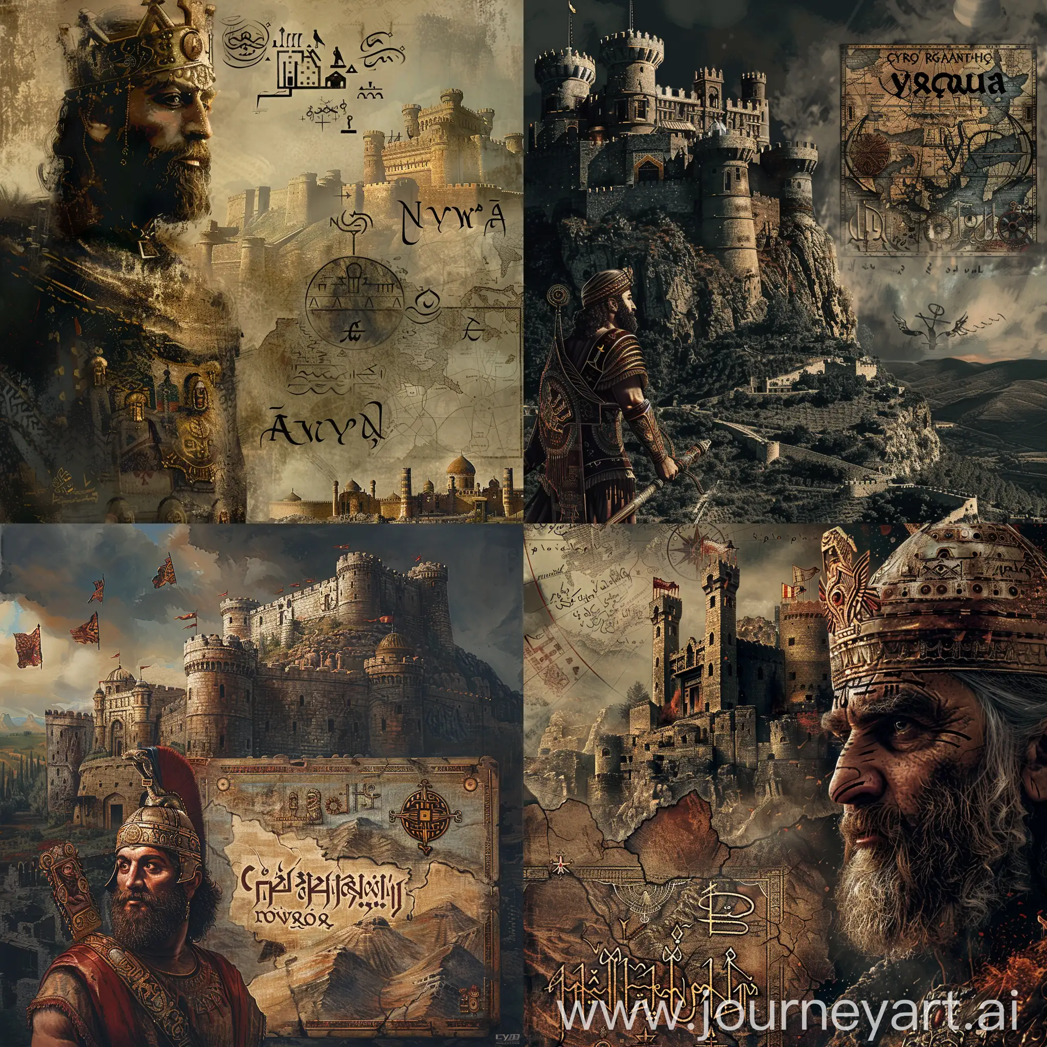 Creating an image with the background of the castle and Cyrus the Great himself, using almost dark and light colors and using high-detail effects such as the map of Cyrus with the Aryan Nowruz symbols, size 16:9
