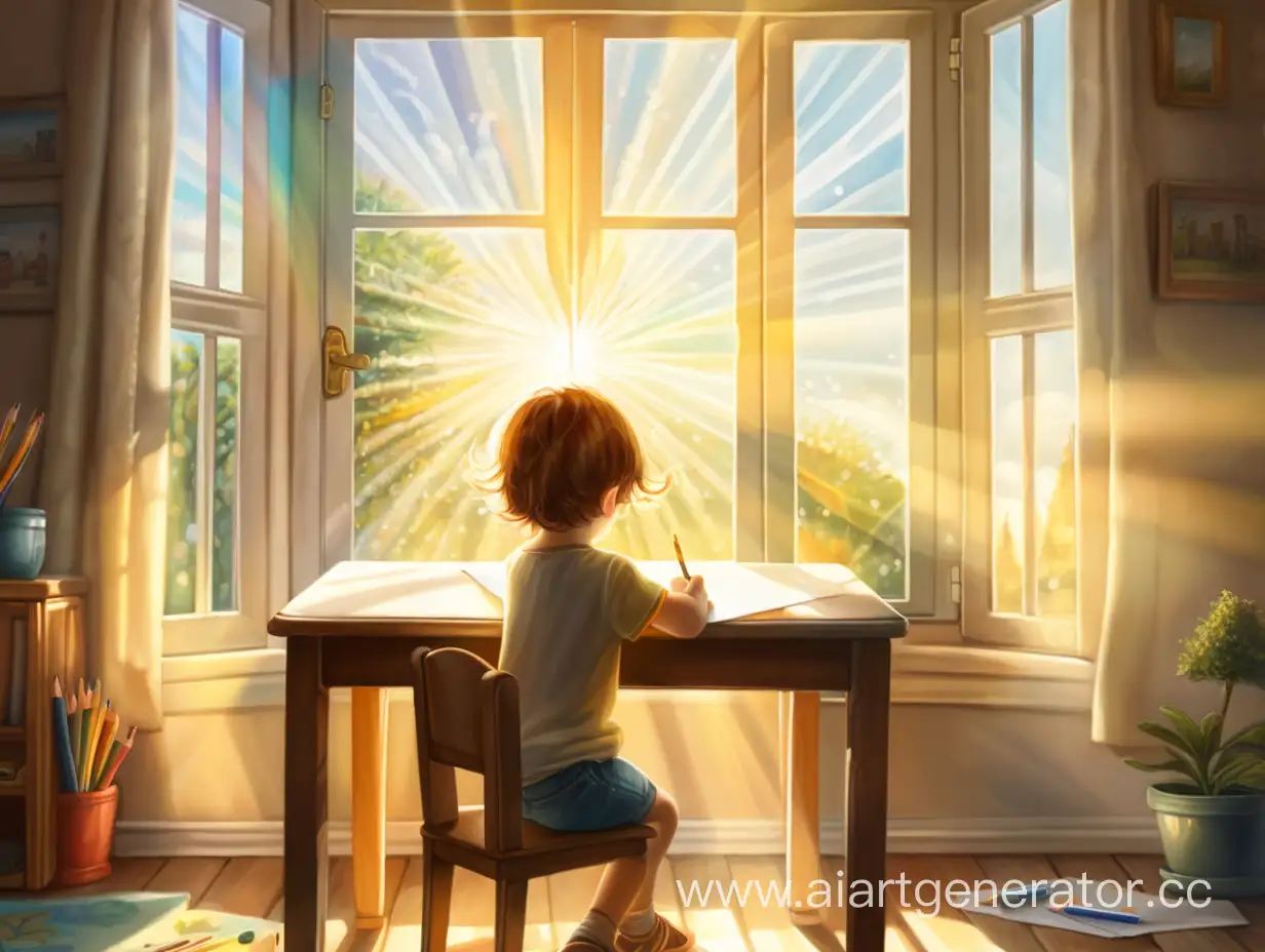 милый ребенок рисует за столом. вид со спины, солнечный день, в окно светят лучи