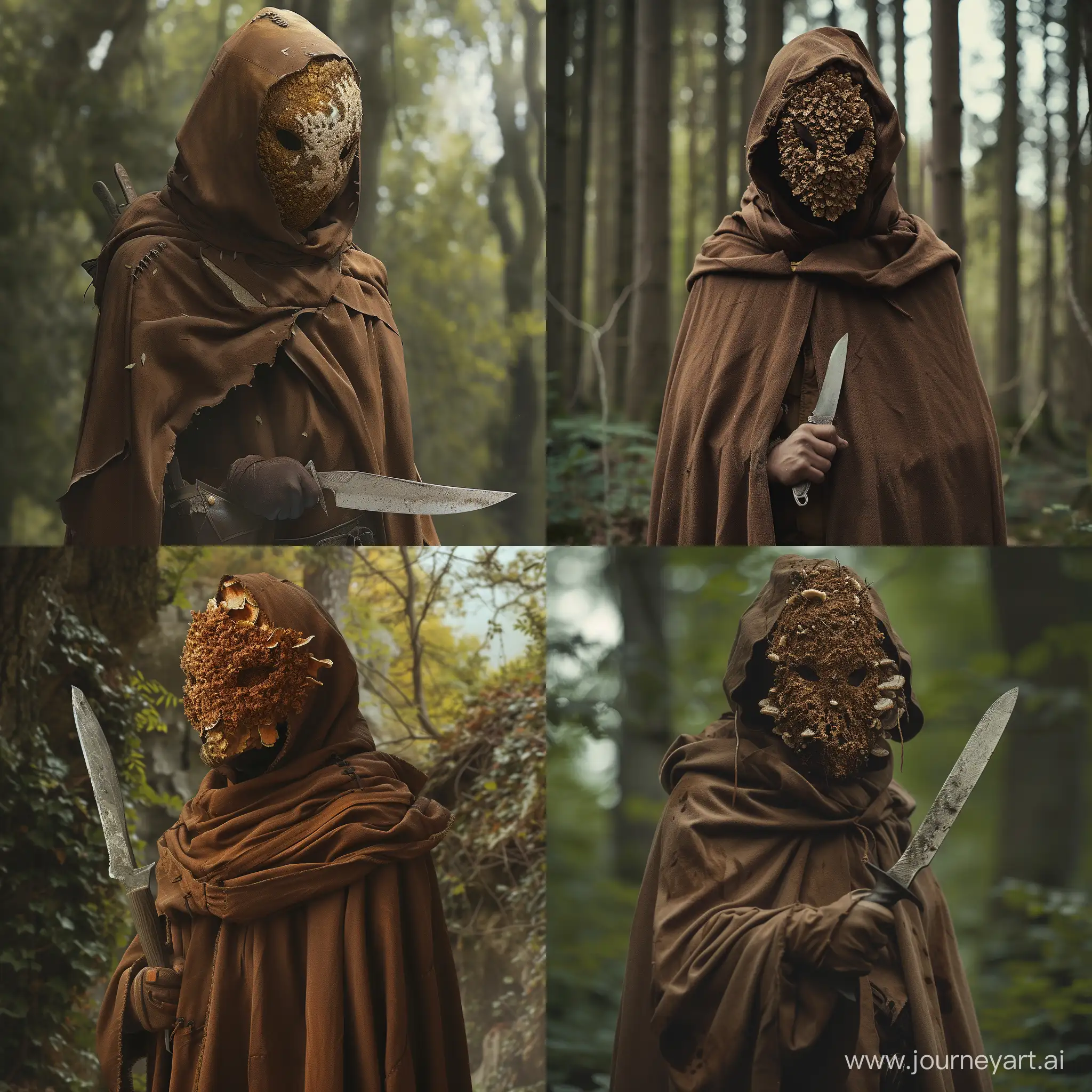 охотник с ножом в коричневой мантии стоит в лесу. лицо закрыто маской из мухомора. 