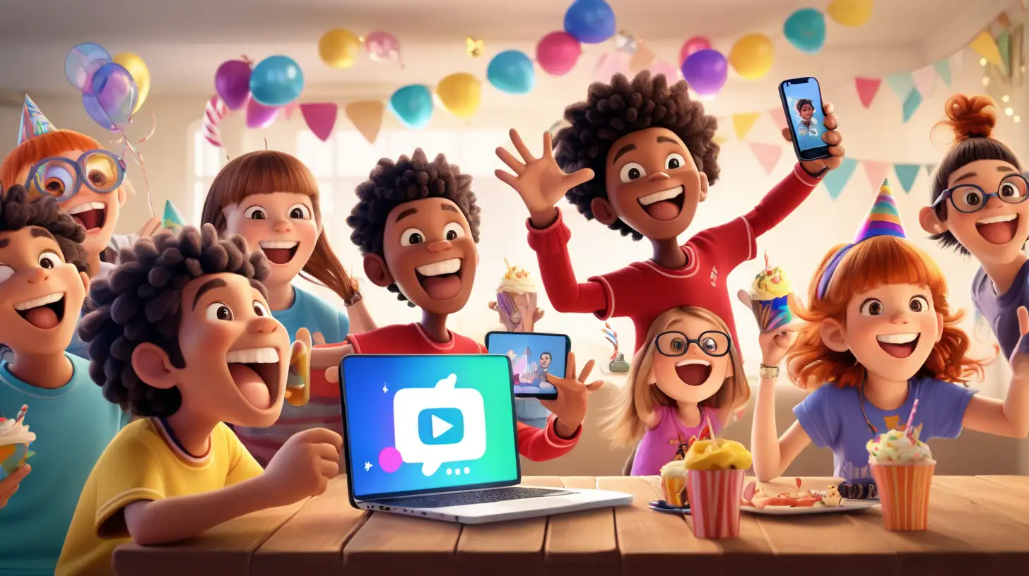 A lively and animated character enjoying a virtual party with friends.