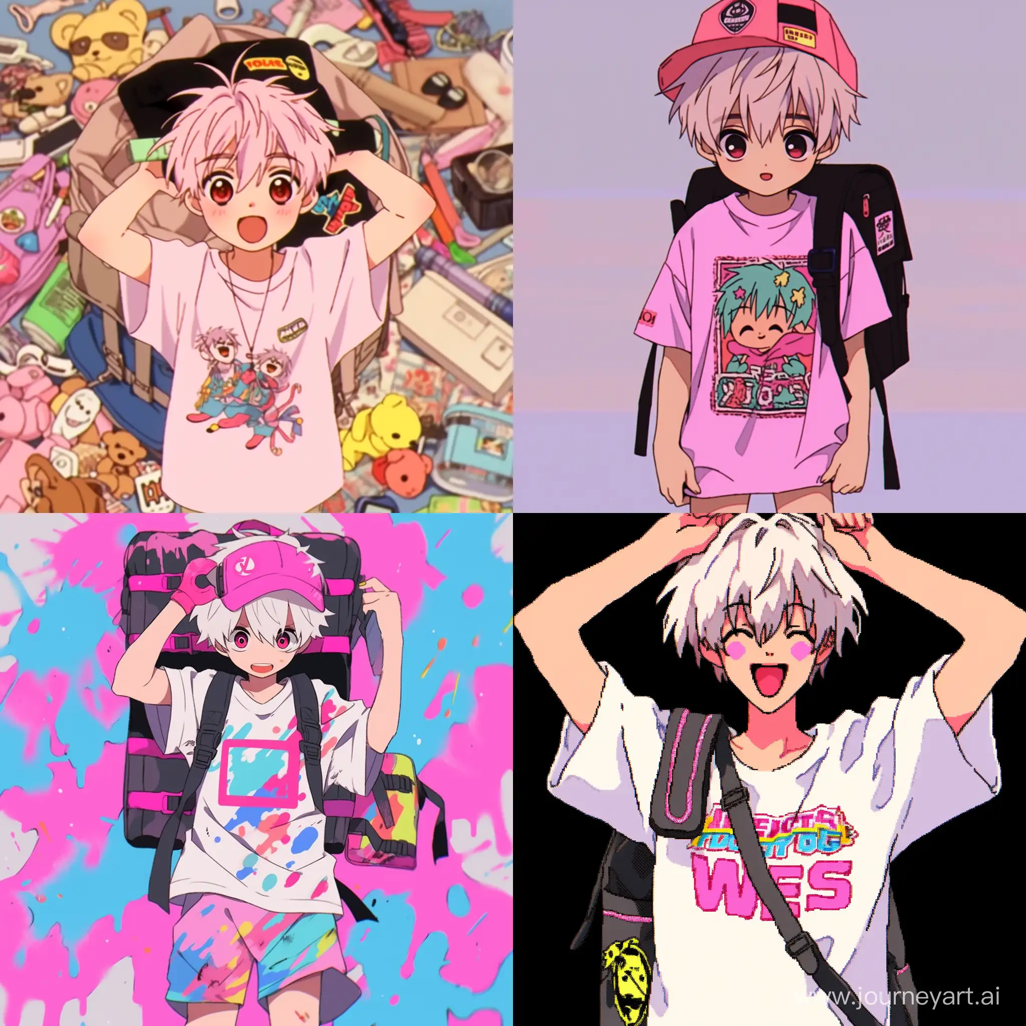 1990s anime screencap, 1boy, solo, white background, pink skin, pink messy hair, black bucket hat with yellow emojis, white t-shirt with a smiling emoji in the middle, black shorts, style of neon genesis evangelion –ar 3:2 --niji 5