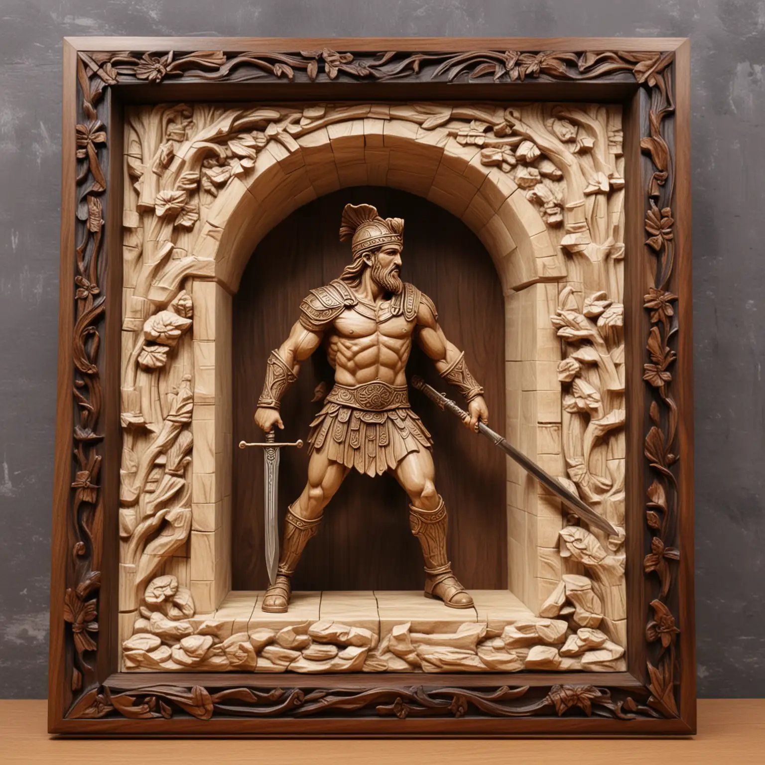 3D wood carved Greek warrior standing tunnel with a sword, within dark wood surround frame