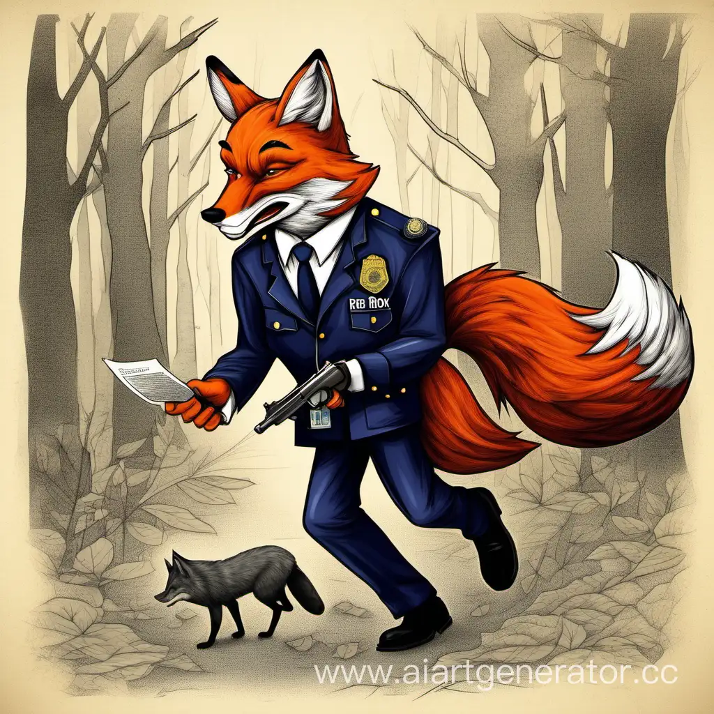 рыжий лисёнок притворяется, что он волк-милиционер по фамилии Карпов