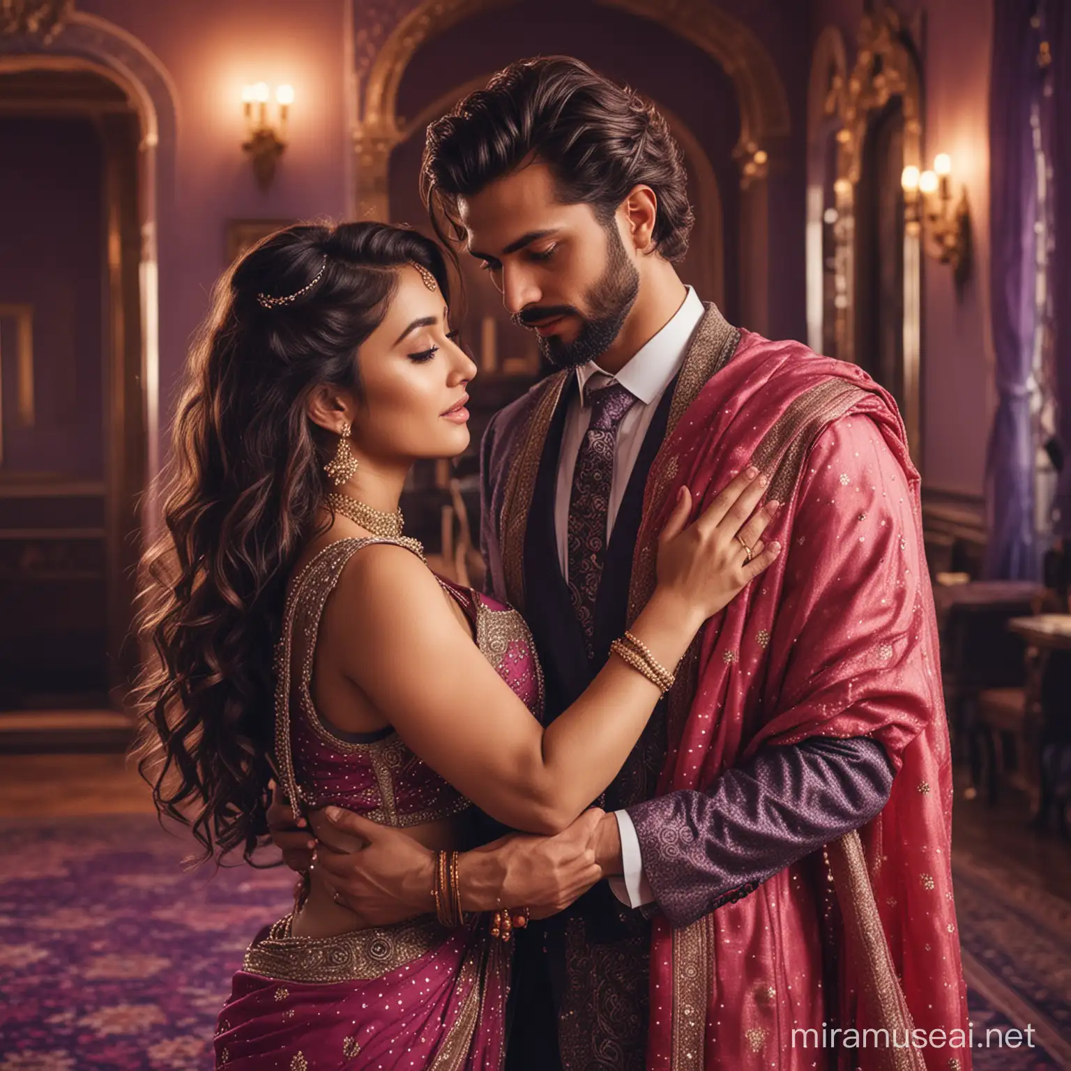 Elegant Indian Couple Embracing in Vintage Palace Interior